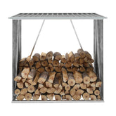 Gray galvanized steel log storage shed filled with stacked firewood.